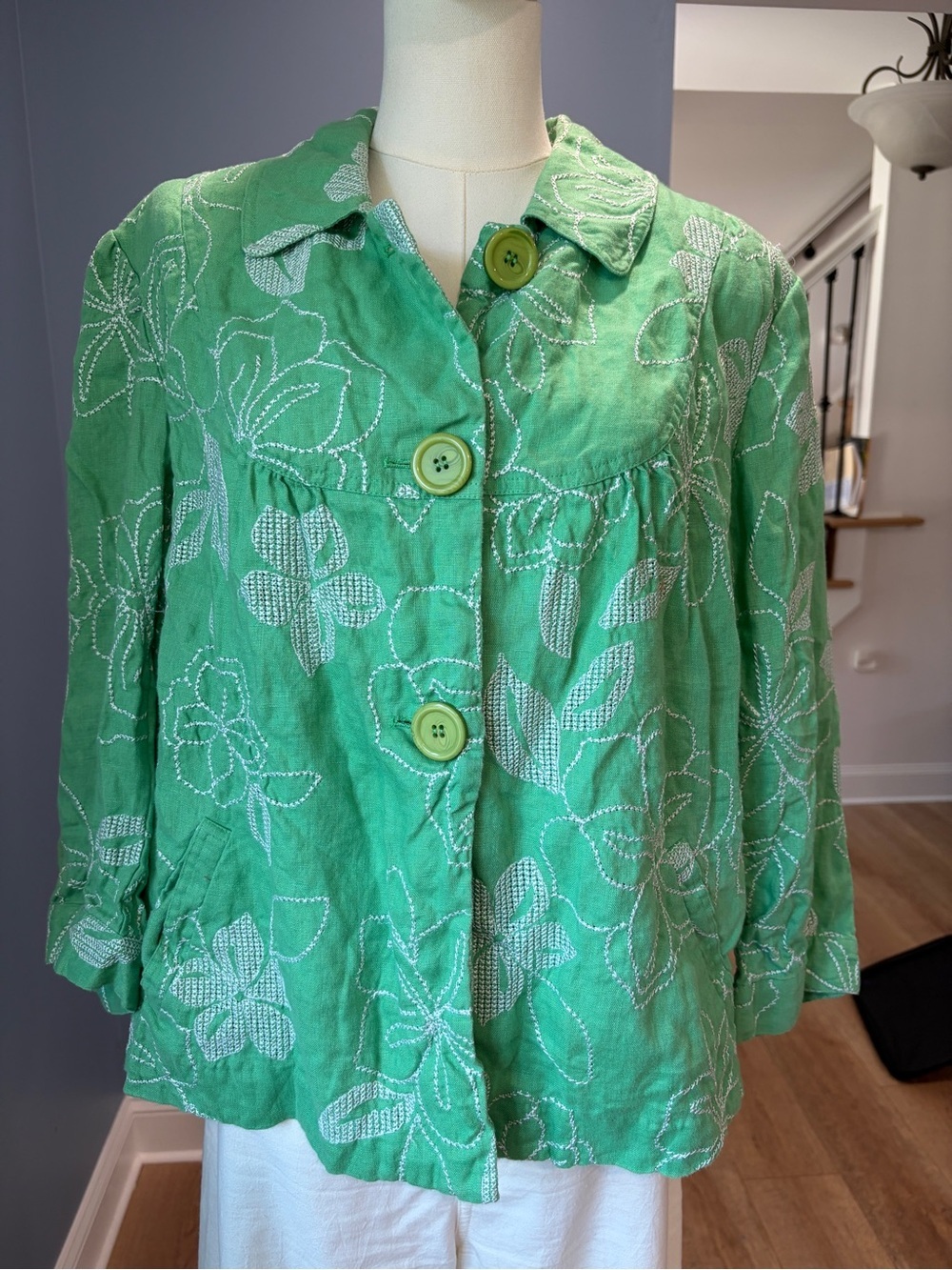 JM Collection 100% Linen Green Embroidered Floral Jacket Blazer 16W Plus Size